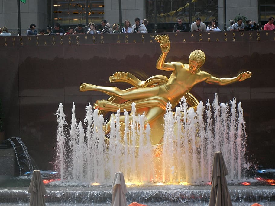 fountain, places of interest, statue, city, new york, ny, nyc, new york city, usa, rockefeller square