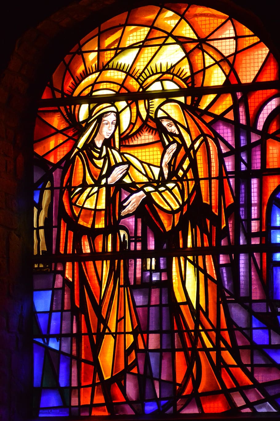 stained glass, window, church, faith, religion, visitation, mary, elisabeth, cousin, pregnant