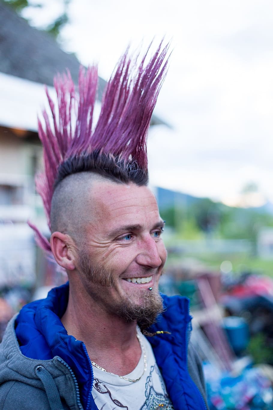 Iroquois, Punk, Mohawk, Purple, hair style, pink, smiling, headshot, adults only, portrait