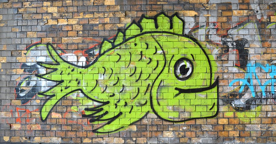bricks, street, art, paint, airbrushed, fish, city, building, urban, artist