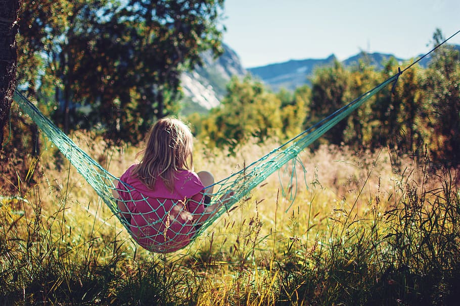 person, sitting, green, hammock, girl, norway, steigen, mountain, the nature of the, northern norway