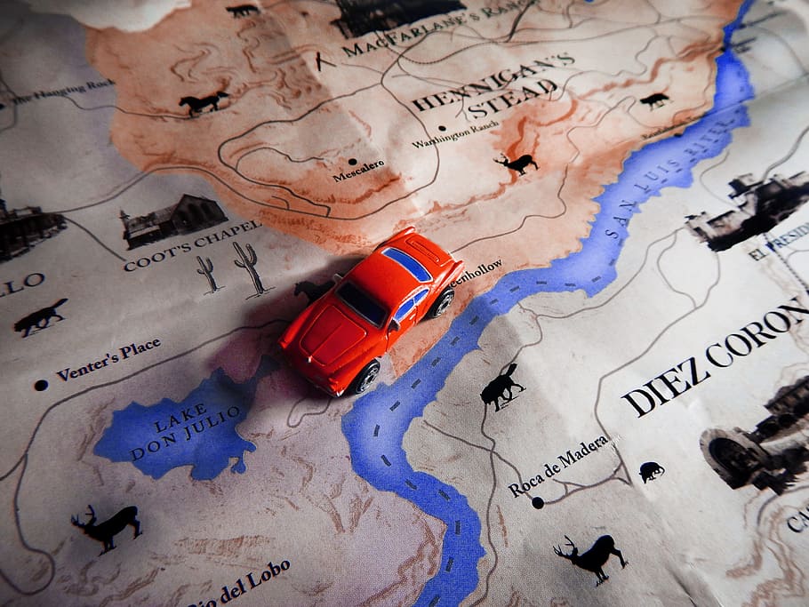 rojo, coche fundido a presión, mapa, viaje, juguete, coche, mapa del mundo, texto, escritura occidental, en interiores