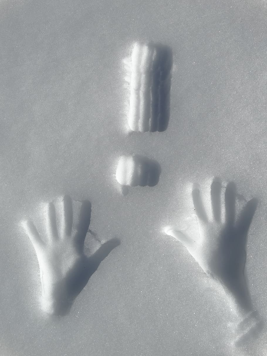 exclamation point, characters, stop, containing, hand signals, snow tracks, human hand, hand, shadow, human body part