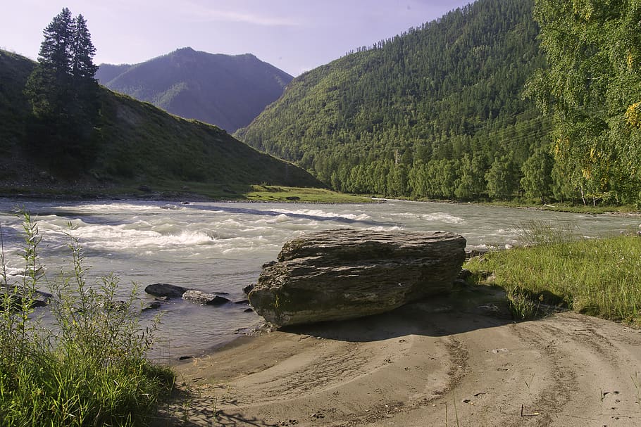 the altai mountains, siberia, river sensing, morning, landscape, nature, sky, stone, sand, summer