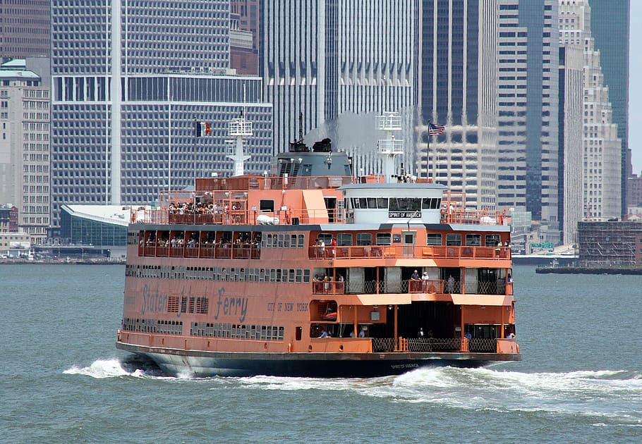 orange, gray, ship, body, water, curtain wall buildings, daytime, ferry, staten island, new york
