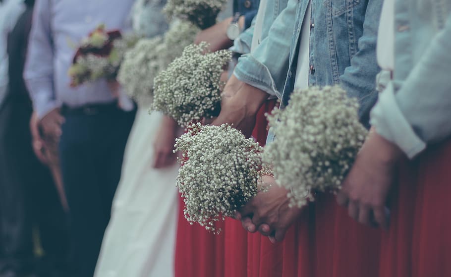 selective, focus photography, people, holding, bouquet, floweres, standing, wedding, bride, groom