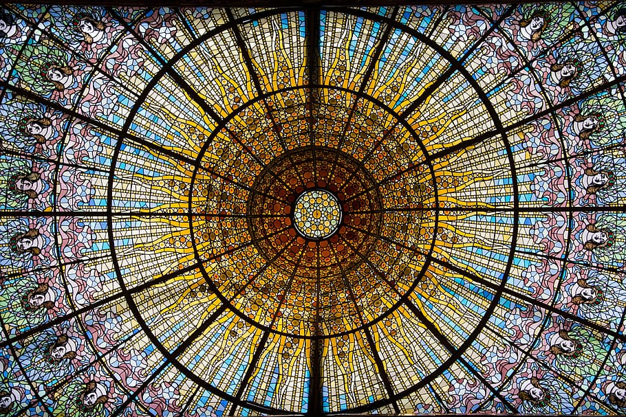 low, angle photography, stain glass ceiling, low angle, photography, stain glass, glass ceiling, barcelona, glass window, stained glass