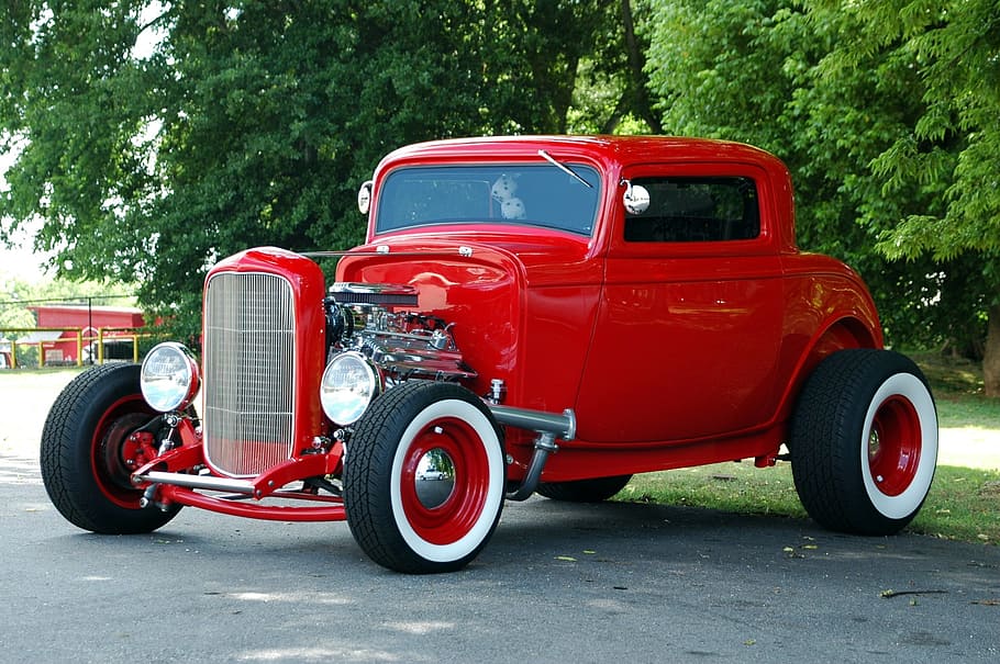 classic, red, vehicle, road, trees, daytime, Red Hot, Hot Rod, Car, Retro