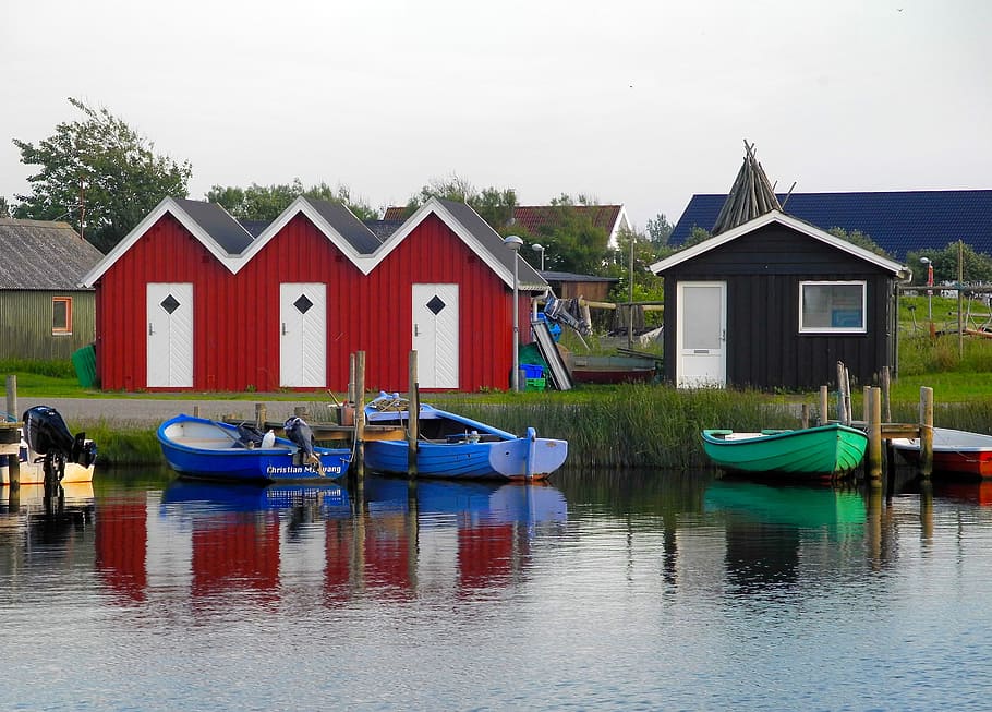 港, デンマーク, 漁村, 家, 赤, 水, 自然, ミラーリング, 航海船, 建造物