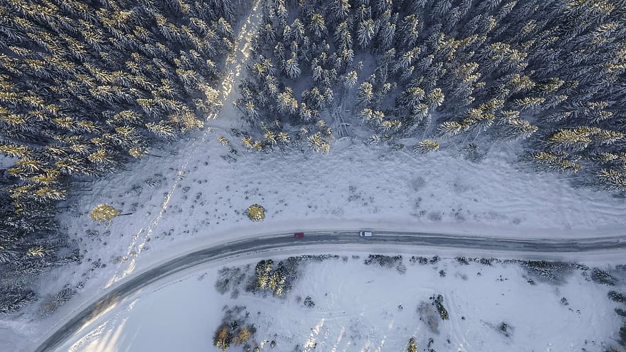 top, view, road, snow, covered, ground, nature, landscape, aerial, woods