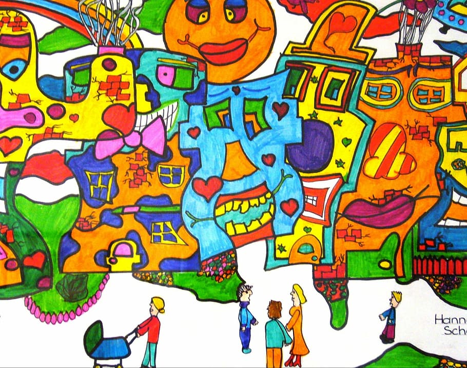 painted, colorful, color, students work, felt tip pens, james rizzi inspired, multi colored, art and craft, creativity, men