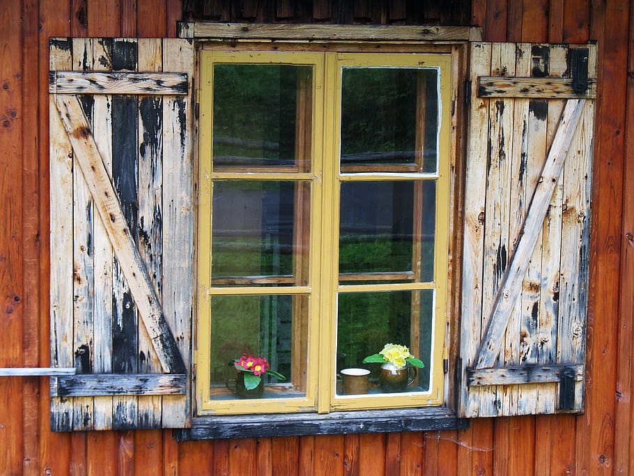 brown, wooden, windowpane, closed, aged, ancient, culture, house, old, paint