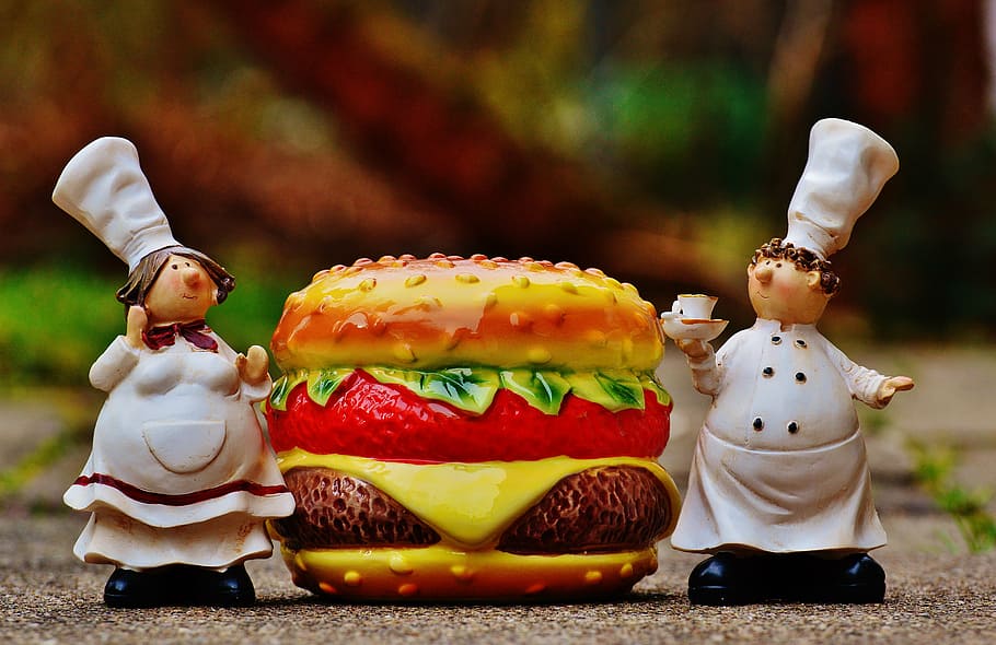 hamburguesa, hamburguesa con queso, cocina, divertido, comida, preparación, gorro de cocinero, figura, dulce, figuras
