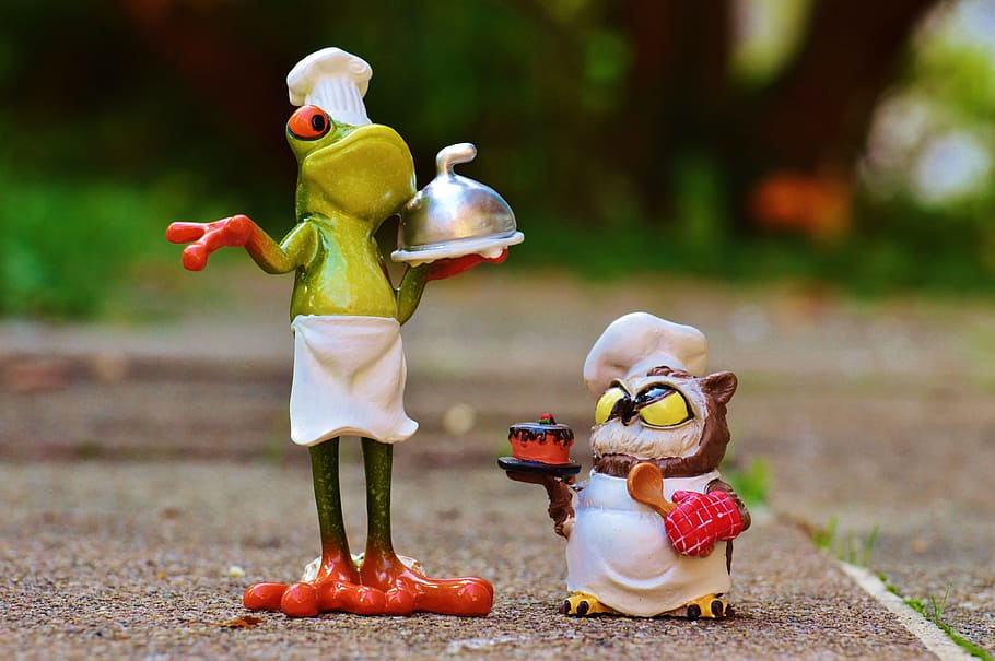 chef frog, owl figurines, Frog, Owl, Bake, Competition, funny, cook, cute, cooking