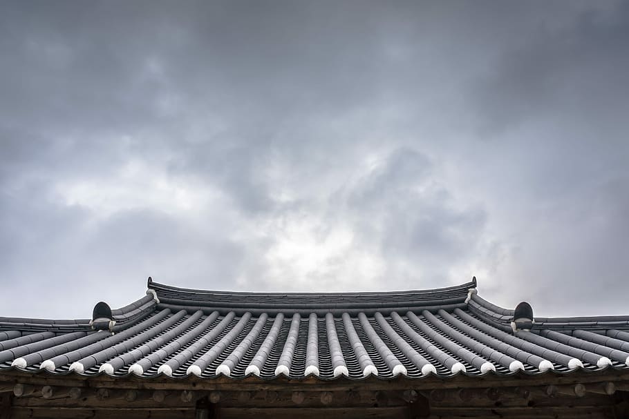 gray, roof shingles, cloudy, sky, daytime, roof, cloud, republic of korea, korea, traditional