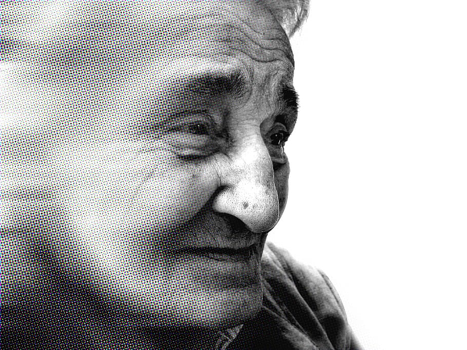 grayscale, closeup, person, wearing, shirt, dependent, dementia, woman, old, age