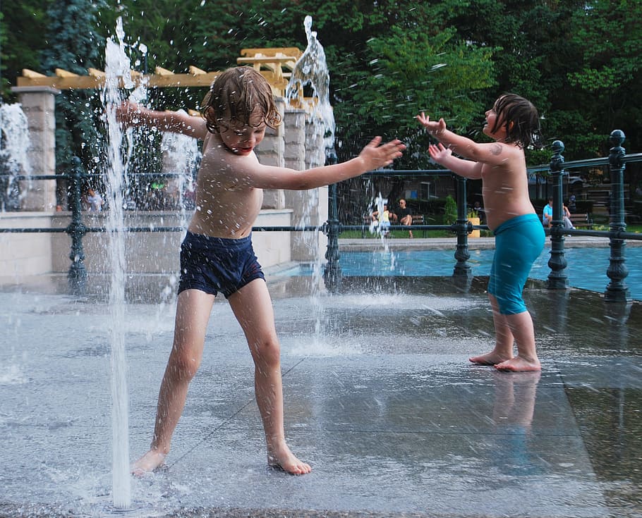 toddlers, playing, dancing water fountain, dancing, water fountain, child, water, outside, boy, girl