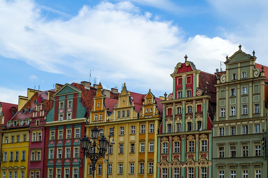 kuning, hijau, beton, bangunan, biru, langit, siang hari, Wrocław, Pasar, Arsitektur