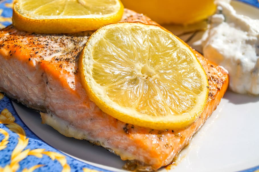 sliced, lemon, fish dish, salmon, food, eat, fish, nutrition, delicious, meal