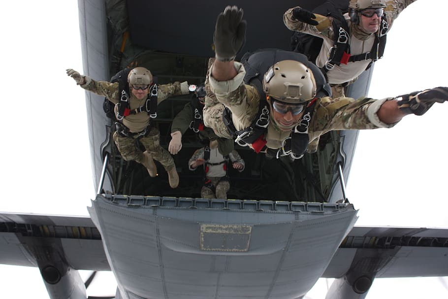 four, men, paragliding, military, training, fall, parachuting, navy, seals, aircraft