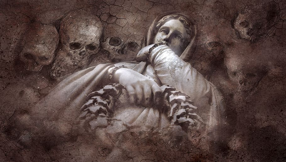 woman, skull painting, mysticism, grave, gloomy, crypt, tomb figure, statue, stone figure, weird