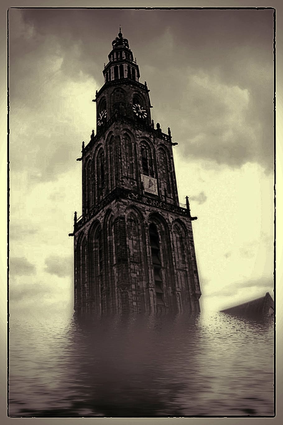 tower clock, water, digital art, framed flooded, church, tower, underwater, weather, mood, surreal