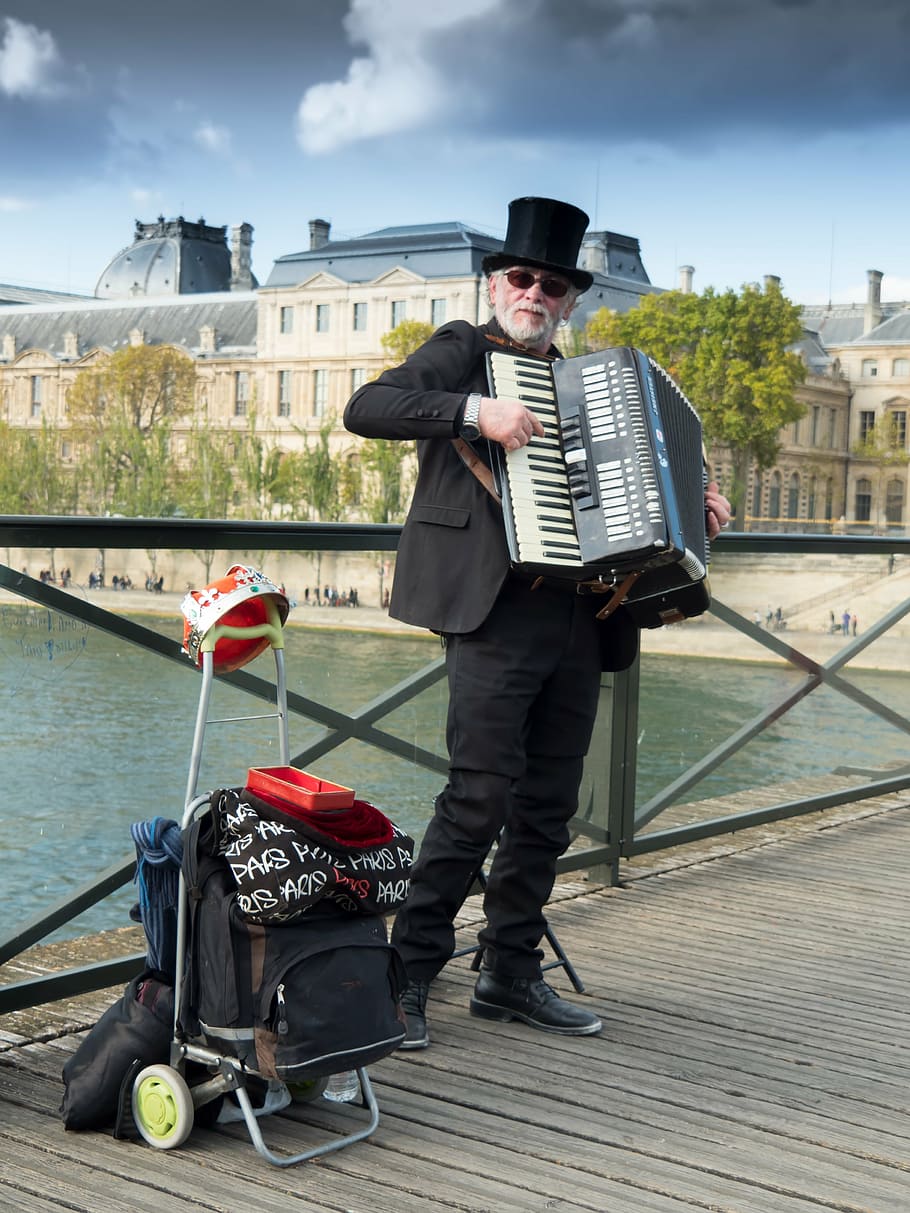 hombre tocando el acordeón, músico, calle, París, acordeón, música, personas, trabajo, músicos callejeros, persona
