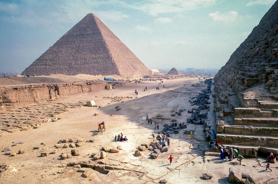 pirâmide, azul, céu, nuvem, pessoas, homens, multidão, comunidade, paisagem, história