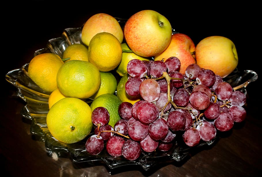 fruit, grape, apple, mandarin, basket, black background, tasting, food, nature, food and drink