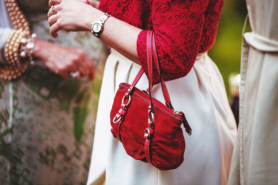 女性, 赤, 肘袖ブラウス, 携帯, 財布, モデル, 美容, 少女, かわいい, 赤いハンドバッグ