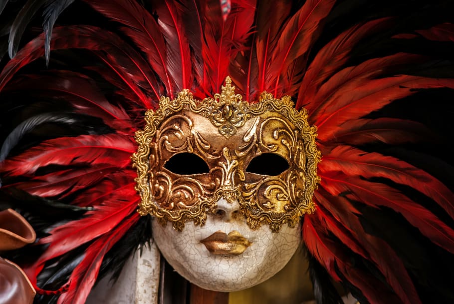 máscara de disfraces, ojos, dorado, máscara, grietas, plumas, sombra de ojos, máscara - disfraz, máscara veneciana, rojo