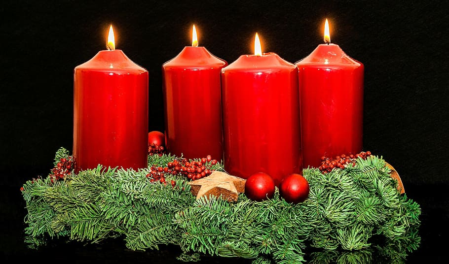 four, red, candle pillars, advent wreath, advent, christmas jewelry, candles, fourth candle, light, flame
