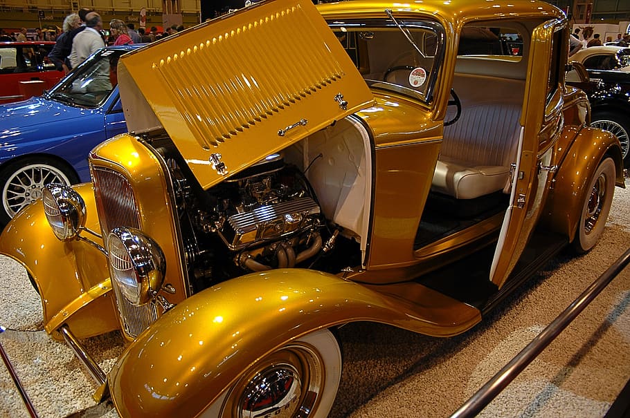 classic gold-colored vehicle, car, classic cars, antique cars, vintage car, car collector, old, automobile, vehicle, mode of transportation