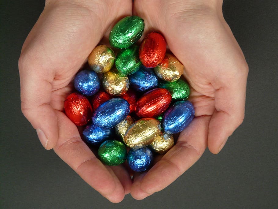 chocolates, person, palm, easter eggs, easter, sweetness, nibble, chocolate, hand, hands