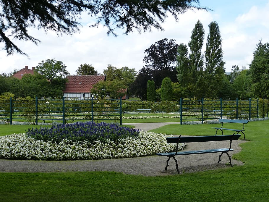 rheda, rheda-wiedenbrück, taman, taman kastil, bank, istirahat, bersantai, pemulihan, rhine westphalia utara, tanaman