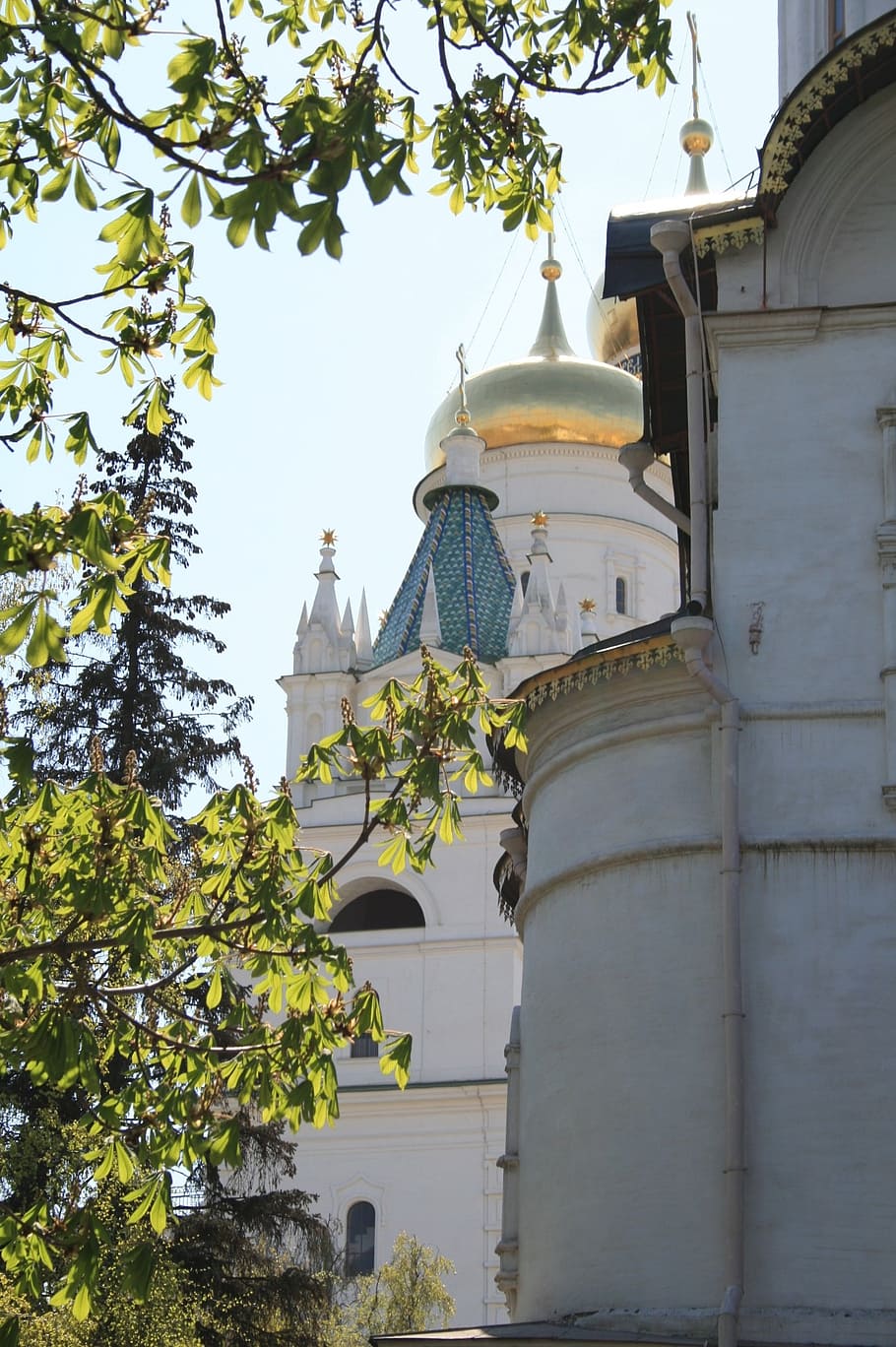 kremlin, church square, white walls, domes, green trees, spring, sky, golden dome, bell tower, tent roof of the annexe