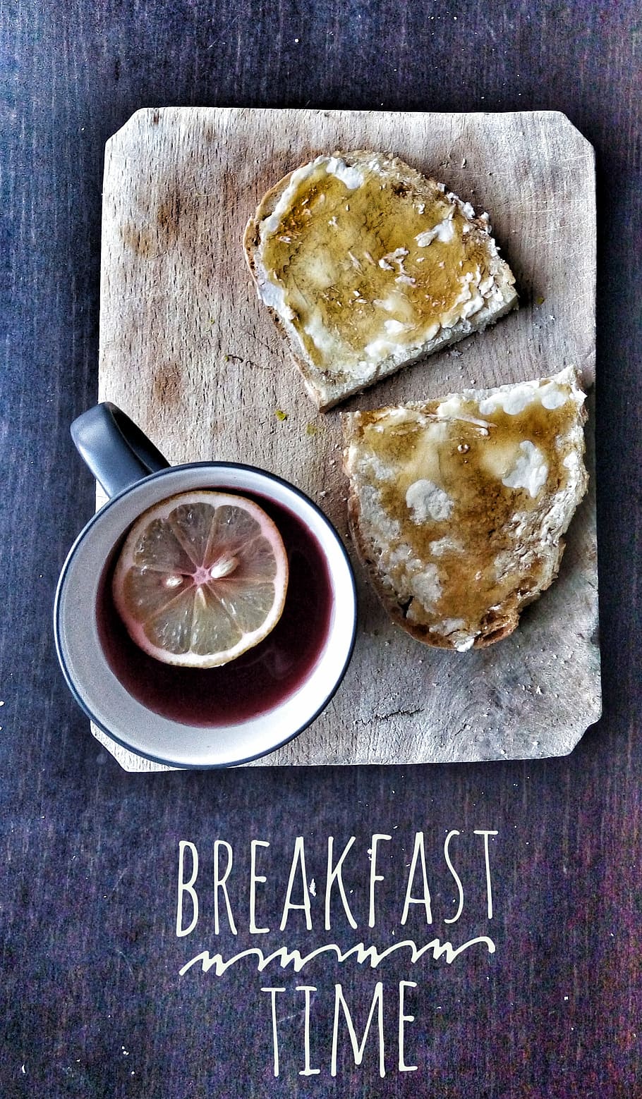 bread, mug, filled, red, liquid, top, wood slab, breakfast time text overlay, breakfast, tea