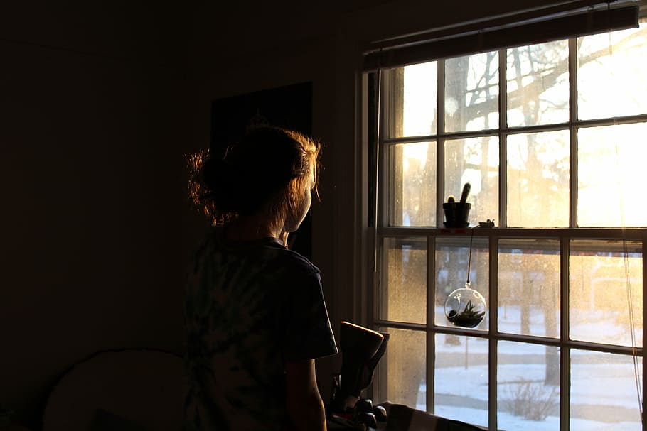 girl, front window, sunrise, woman, standing, front, window, daytime, lady, people