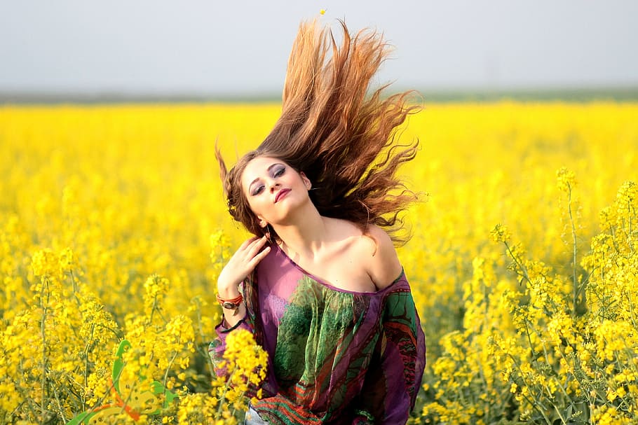 woman, wearing, purple, green, off-shoulder, top, yellow, rapeseed flower field, flower, field