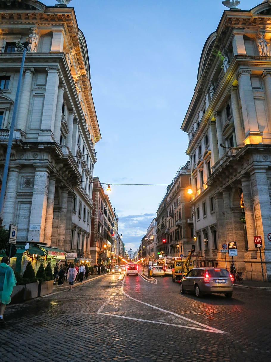 crowd, people, walking, street, road, concrete, buildings, sunrise, Via Nazionale, Rome