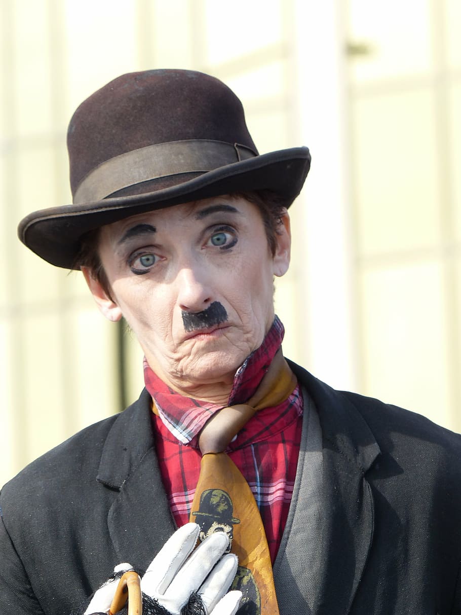 Hombre, posando, foto, Charlie Chaplin, copia, circo, blanco, traje, triste, expresión