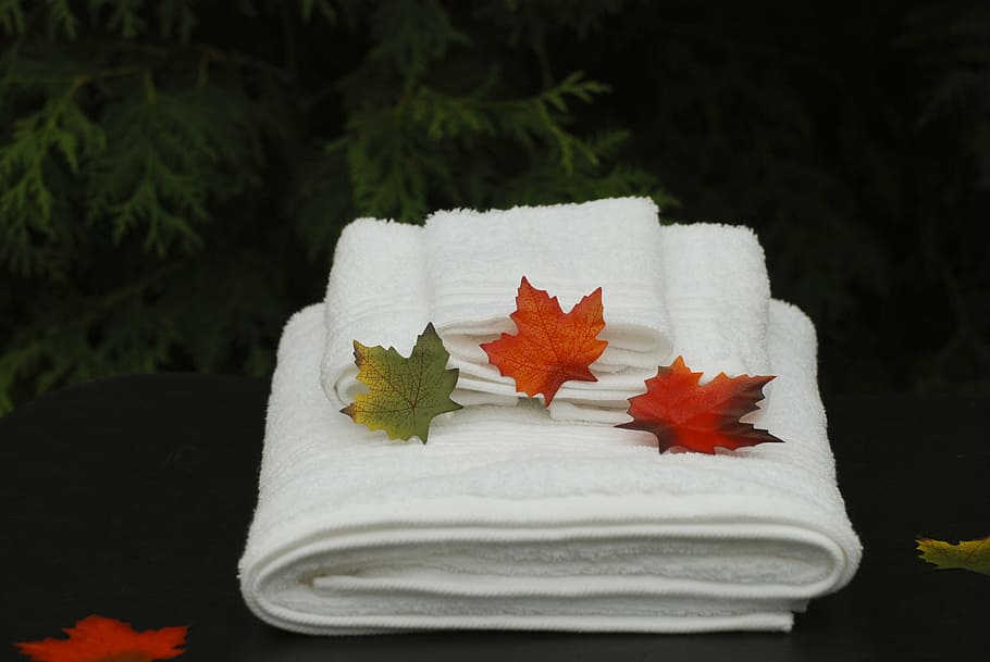 white, towels, leaves, spa, health, treatment, care, relaxation, relax, therapy