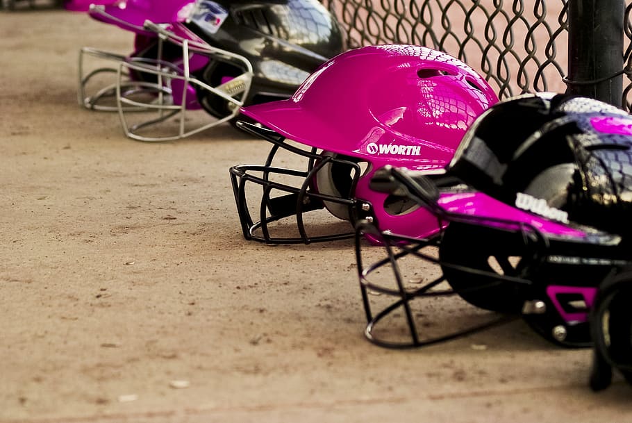 four, assorted, sports helmets, ground, Baseball, Helmets, Protection, baseball helmets, sports, softball