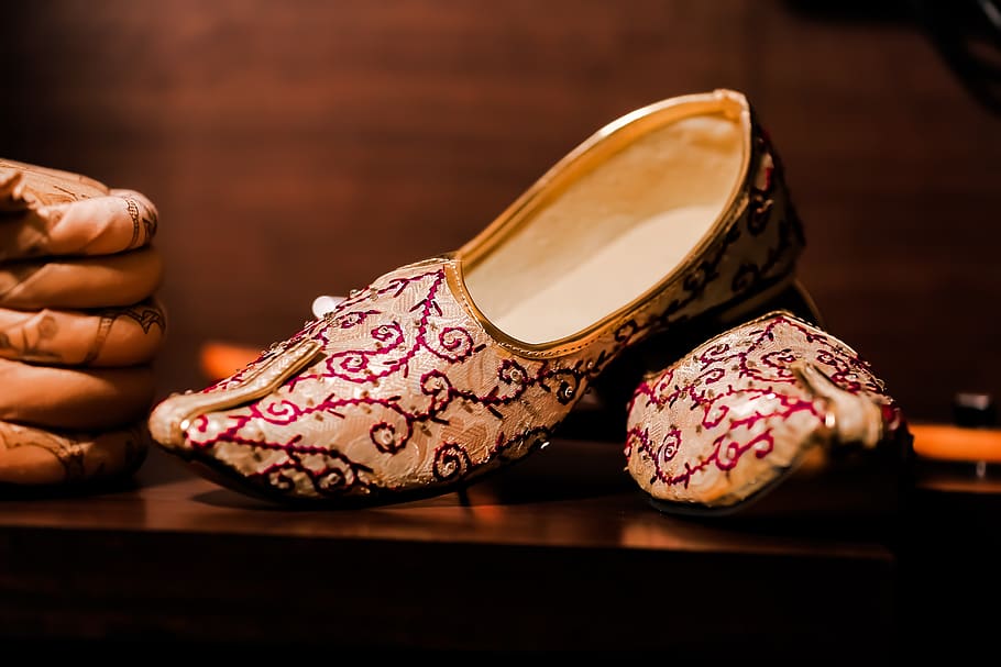 tradicional, couro, sapatos, indiano, deli, interno, agra, bordado, tecido, hindu