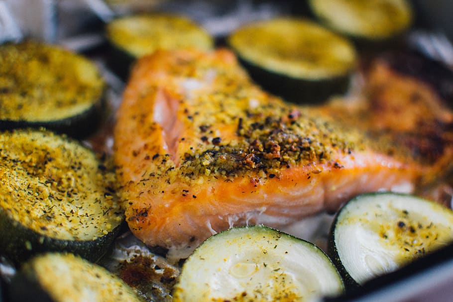 salmon, zucchini, spices, food, dinner, cooking, healthy, vegetables, fish, food and drink