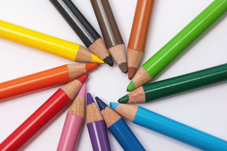 berbagai macam pena warna, pensil warna, bintang, lingkaran warna, alat tulis, perangkat karakter, warna-warni, warna, tambang, pernis