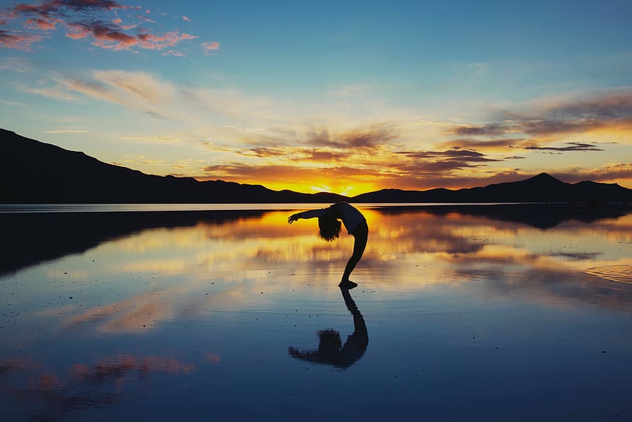 silhouette, person, standing, bending, orange, sunset, nature, landscape, water, ocean