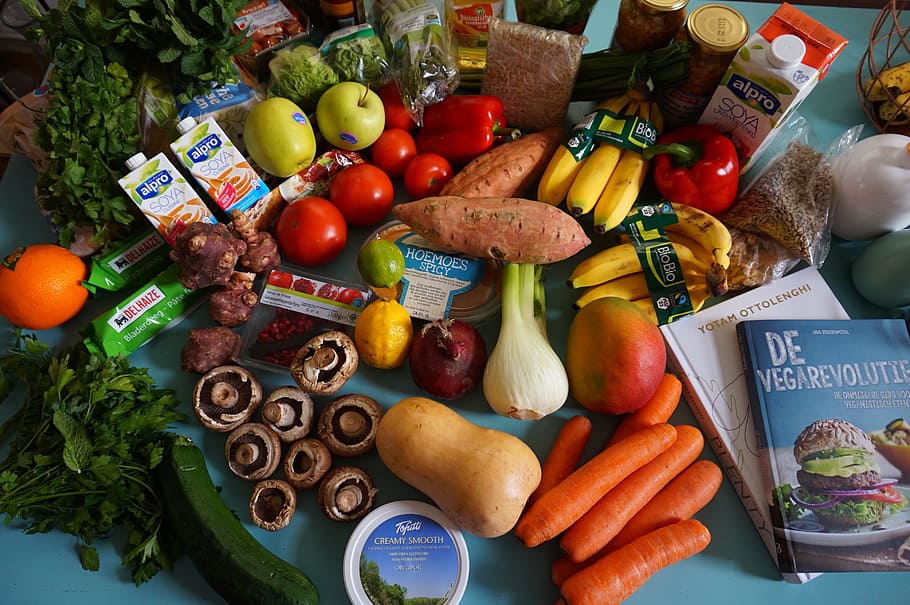 table, full, fruits, vegetables, groceries, fruit, vegan, soy, food, grocery