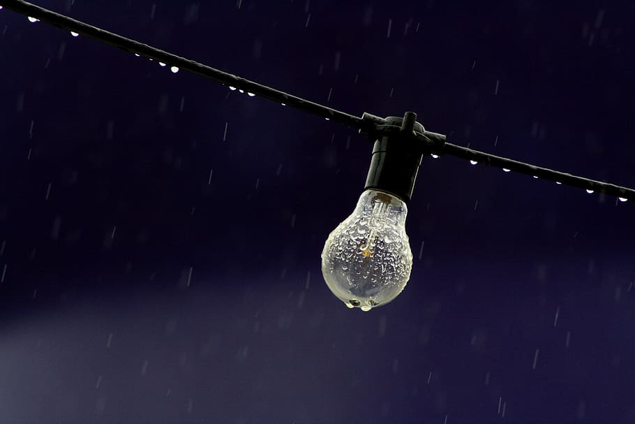 electric, light, bulb, wire, rain, raindrops, water, droplets, bokeh, hanging