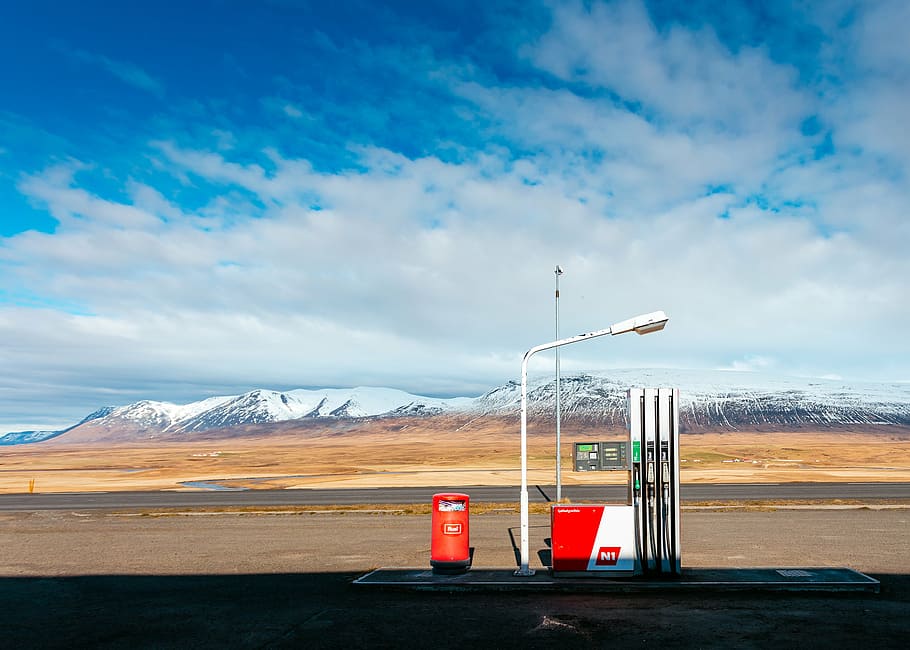 red gasoline dispenser, gas, station, lamp, post, clouds, sky, summer, road, travel